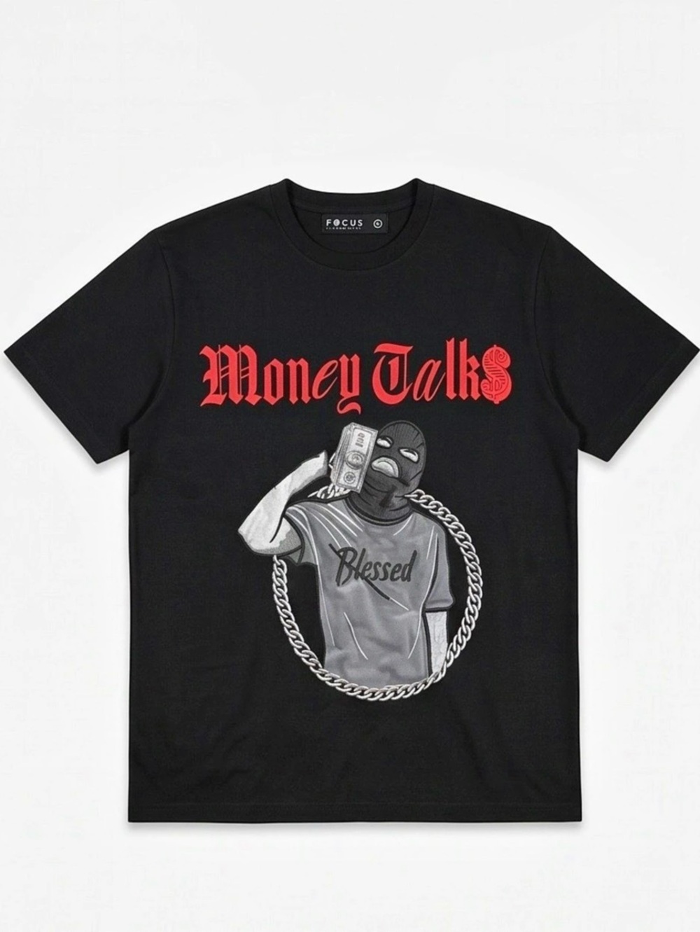Focus Money Talks Ski Mask Blessed Graphic T-Shirt in Black
